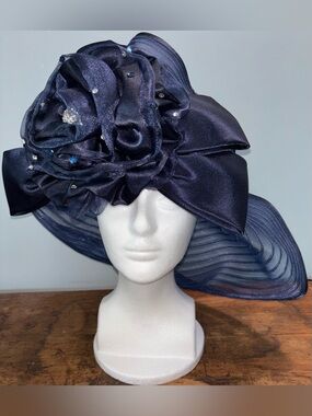 Whittall & Shon Women’s Hat Navy Floral Wide-Brim Rhinestones Derby Church
